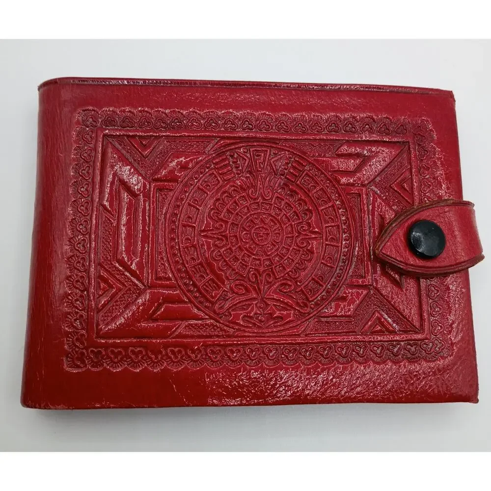Vintage Red Hand Tooled Leather Wallet Aztec Calendar